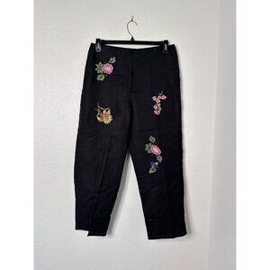 Larry Levine Sport Womens Black Floral Embroidered Capri Pants Size 10 Lined
